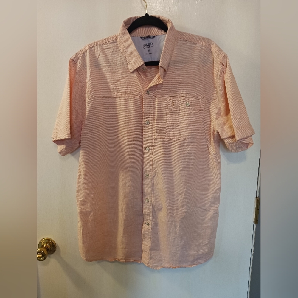 Izod Saltwater Men XL Short Sleeve Button Down Cotton White Orange Stripes EUC